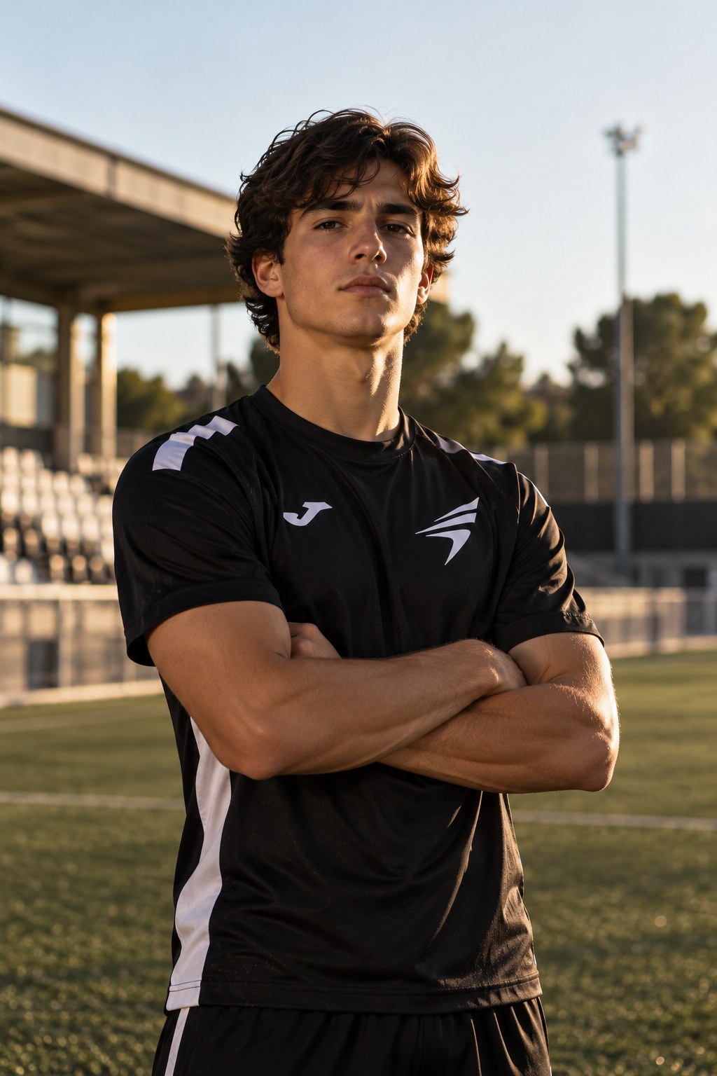 黒とゴールドの公式ユニフォームを着た SMARTFÚTBOL 選手のポートレート
