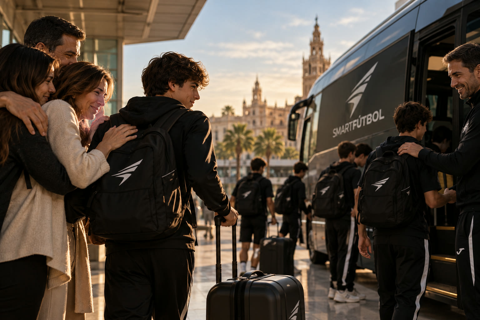 Familias despidiendo a los jugadores junto al autobús de SMARTFÚTBOL al inicio de la temporada
