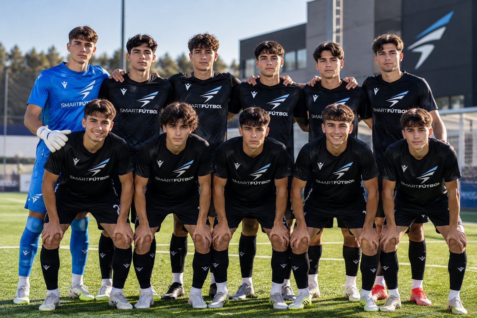 SMARTFÚTBOL の選手たちが黒と青のユニフォームでピッチに集合