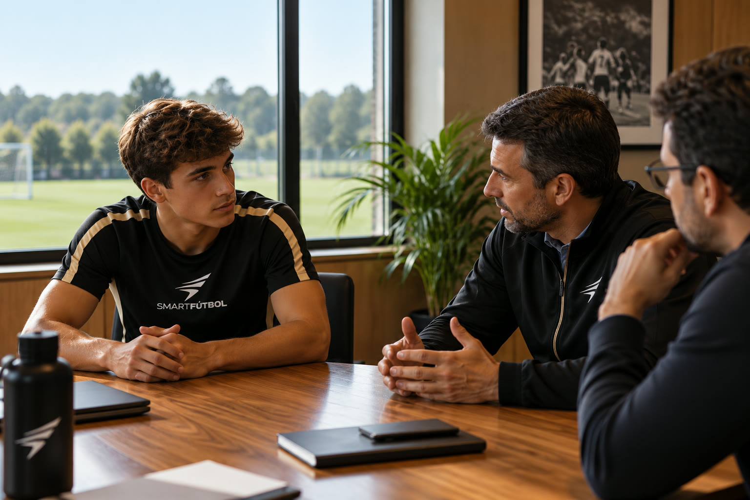 A Smartfútbol player talking with a staff member and an advisor