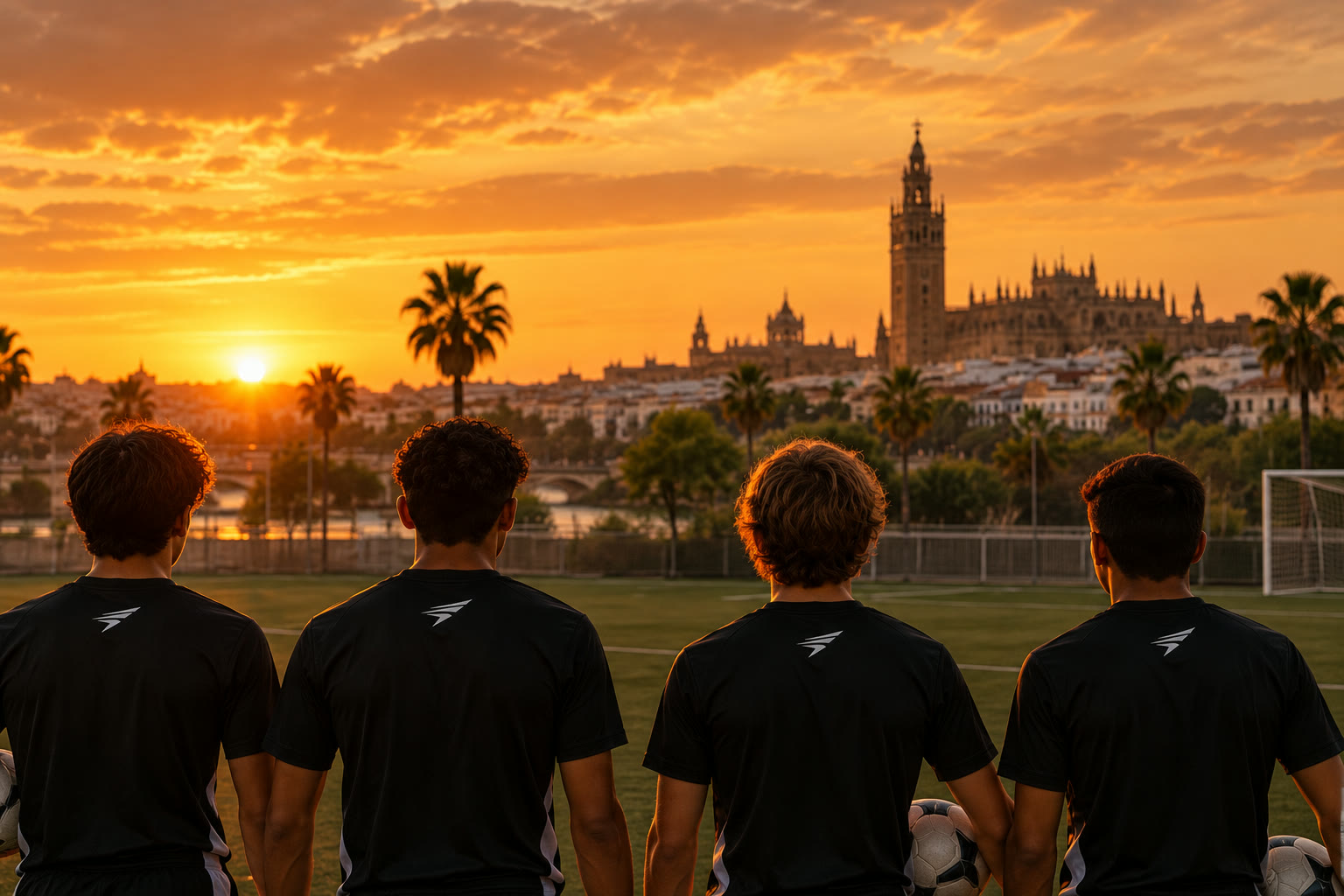Four SMARTFÚTBOL players looking at Seville's Giralda tower